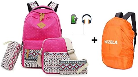Vezela® Set of 4 Casual Vezela 4Pc Combo of Pink Laptop Bag with USB Charging Feature with Lunch Bag, Pencil Case & Pouch-Backpack for School/Collage with Padded Panels (Pink with Rain Cover)
