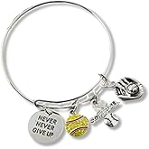 Infinity Collection Softball Charm Bracelet, Silver Adjustable Bangle with Never Never Give Up and Softball-Themed Charms, Jewelry & Gifts for Players, Teams, and Coaches