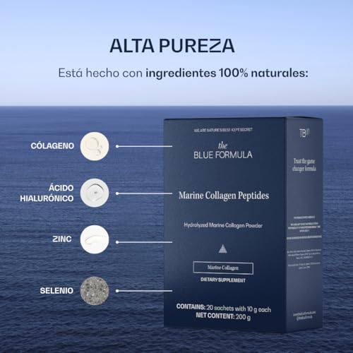 The Blue Formula Marine Collagen Peptides - Colágeno Marino Hidrolizado en Péptidos, Polvo Sin Sabor en Sobres Individuales, 10 g por Porción, Suplemento Alimenticio Diario - 20 Sobres, 200 g