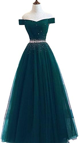 Lnxianee Women's Off Shoulder Beaded Prom Dresses Long A-Line Formal Party Evening Dresses