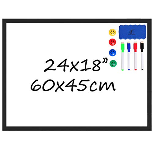 Whiteboard Set - Wooden Frame (Solid Wood) Dry Erase White Board 24 x 18" + 1 Dry Eraser, 4 Markers and 4 Magnets - Small Wall Hanging Message Magnetic Board for Home, Office, Cubicle and Desk