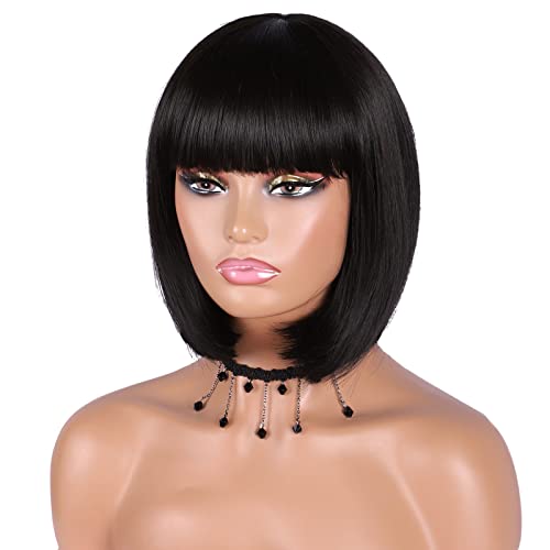 HHANYUDIE Bob Wigs Short Bob Wig with Bangs for Women Straight Bob Wigs for Cosplay Wig Synthetic Natural Looking Wigs (12\'\',Black)