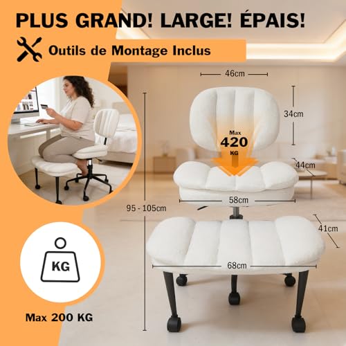 DIDAINT Cross Chair with Wheels, Ergonomic Armchair with Crossed Legs, Wide Seat Faux Sheep Fur, 360° Swivel and Height Adjustable, Ideal for Meditation, Yoga, Office, ADHD