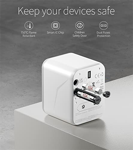 Worldwide Travel Adapter with USB, FSTravelP Universal Plug Adapter with 2 USB & International AC Socket, Dual 10A Fuses, All In One Travel Plug Adapter Worldwide for USA UK EU AU CN 150+ Countries