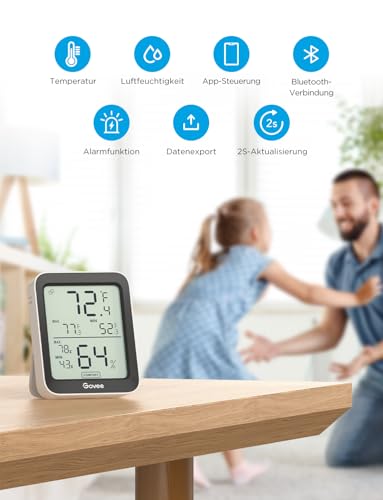 Govee Thermometer Hygrometer, Mini LCD Digital Temperature Humidity Meter with Notification Alarm, Precise Hygrometer Temperature, Data Storage for Greenhouse Wine Cellar (3 Pack)