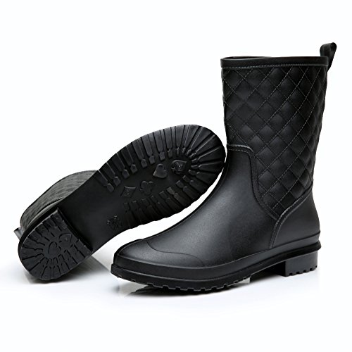 17KM Womens Black Short Anti Slip Rain Boots Mid-Calf Waterproof Rubber Garden Rain Shoes 9 US, Grid Black - Thumbnail 4