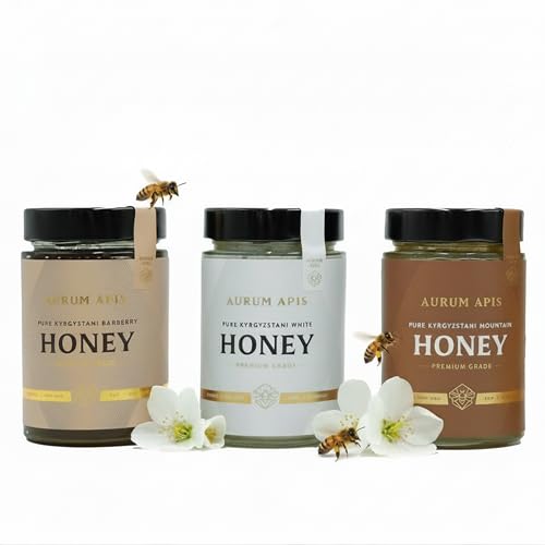 Aurum Apis Premium Honey Gift Box, Pure Kyrgyzstani Hand-Harvested | Unpasteurized | 100% Raw & Unfiltered White, Barberry & Mountain Honey | Natural Farm Fresh Wellness Support - 330g (Pack of 3)