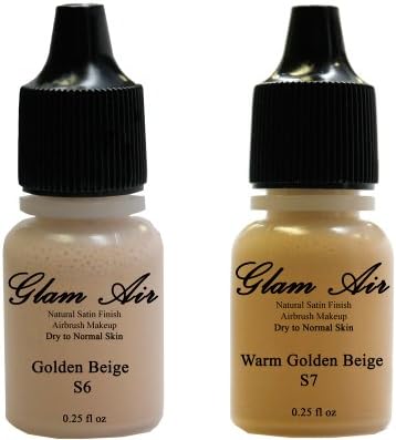 Set of Two (2) Glam Air Airbrush Foundation Makeup S7 Warm Golden Beige &amp; S8 Summer Tan in Satin Finish 0.25oz Bottles(normal to Dry Skin)