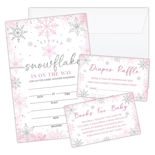 ZEDEV Christmas Snowflake Baby Shower Invitations Cards with Envelopes, Diaper Raffle Tickets, 25 Sets Silver Pink Winter Fill-In Invites for Gender Reveal Party Birthday Dinner Party Decorations -10