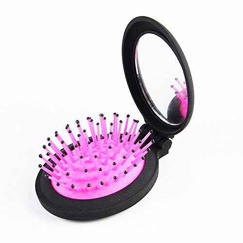 Soft Hair Brush - Folding Travel Compact Mirror with Brush, Mini Pocet Hair Brush Hair Comb For Women Gift Idea (Pink)