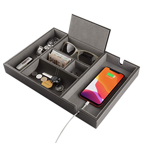 PLENTY Leather Valet Tray for Men with Large Smartphone Charging Station (Grey)
