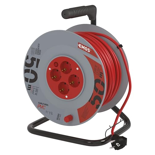 EMOS - Kabeltrommel 50m - 4 Schuko-Steckdosen - 230 V, 16 A, 3680 W - hochwertige PVC-Isolierung - H05VV-F3G 1,5 mm2 - Überhitzungsschutz - IP20 für I