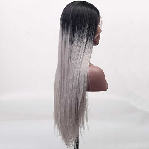 Arimika Silk Straight Long Black Roots Silver Grey Ombre Synthetic
