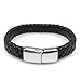 Wide Braided Black Leather Bracelet Mens Womens Stainless Steel Magnetic Clasp (7.5 - 9.5 Inch)