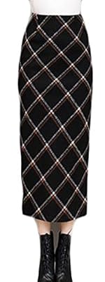 Alion Womens Classic High Waist Slim Wool Plaid Blend Bodycon Maxi Skirt