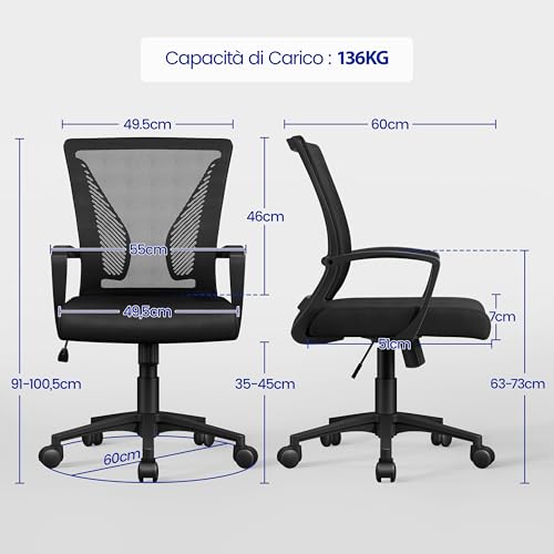 Yaheetech Office Chair Ergonomic Lumbar in Breathable Mesh Reclining Adjustable Height Swivel with Armrests and Wheels Capacity 136 kg Black