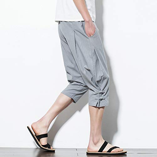 Allywit Mens Casual Summer Cotton Linen Elastic Waistband Beach Harem Baggy Lounge Pants Big and Tall Gray