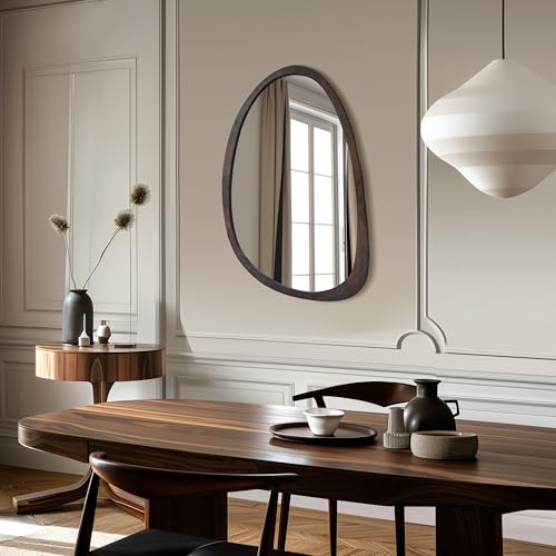 medla Irregular Oval Wall Mirror: 50x70CM Asymmetrical Mirror Modern Wood Frame Unique Shape Wall Mounted Vanity Artistic Mirror Decorative for Living Room Bedroom Bathroom Entryway Hallway