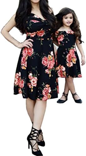 Lizxun Elegant Style Dress Rose Pattern Strapless Defined Waist Expansion Skirt Mother and Child Dress (Girl Black, M)