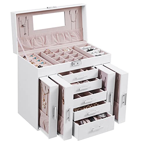 ANWBROAD Huge Jewelry Box Organizer for Women with 6 Tier Large Jewelery Box Storage with Lock Mirror Jewelery Holder Box Earrings Rings Necklaces Bracelets Jewelry Chest Gift Leather White UJJB018W