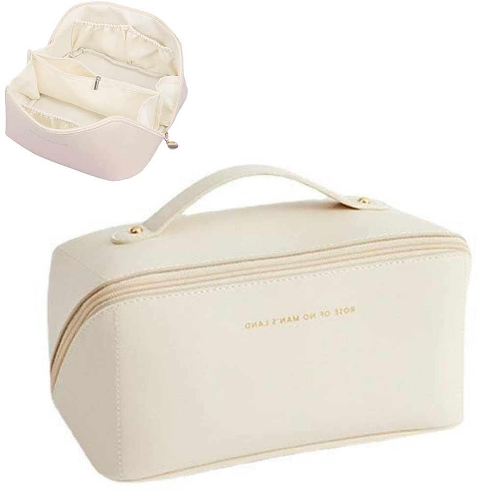 Large Travel Cosmetic Bag Cosmetic Organizer High Capacity Makeup Bag Storage Pouch PU Leather Makeup Box for Women Girls (Beige) — image 1