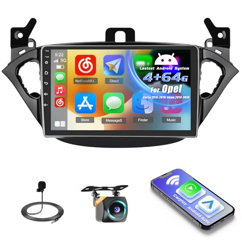 Inefala 4+64G Car Radio for Opel Corsa 2015-2019/Opel Adam 2013-2016 Android 15 with Wireless CarPlay Android Car, 9 Inch Car Screen with Bluetooth WIFI GPS FM/RDS 32EQ SWC AHD Rear Camera