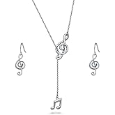BERRICLE Sterling Silver Treble Clef Music Note Fashion Necklace and Earrings Set for Women, Rhodium Plated
