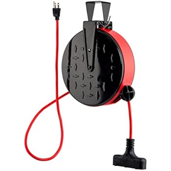 CopperPeak 30 ft Retractable Extension Cord Reel - Ceiling or Wall Mount - 16 gauge - Red and Black