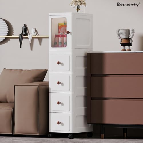 Beauenty Slim Bathroom Cabinet, 4-Tiers Narrow Storage Cabinet with Doors, Plastic Standing Bathroom Organizer, Floor Cabinets with Wheels for Kitchen, Bedside, Living Room (1Door 4Drawer)
