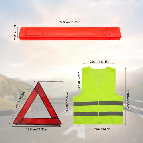 Houkary 3 in1 Yellow Triangle and Vest for Car Foldable Warning Triangle Kit and Yellow Vest High Reflectivity Triangle Car Kit for Cars Complies with European ECE Standards