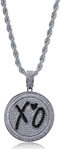 Rapper Migos XO QC Rotatable Double disc Necklace,Hip Hop Iced Out Bling 18K Gold Plated Pendant Necklace with Stainless Steel Rope Chain, Ins Fashion Style