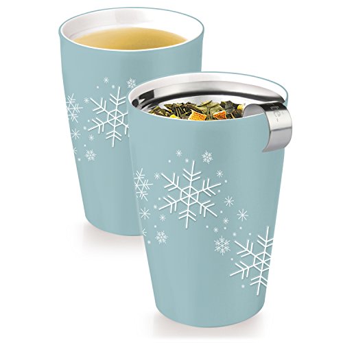 Tea Forté KATI Cup Ceramic Tea Brewing Cup with Infuser Basket and Lid for Steeping, Loose Leaf Tea Maker, Blue Snowflake - Thumbnail 5