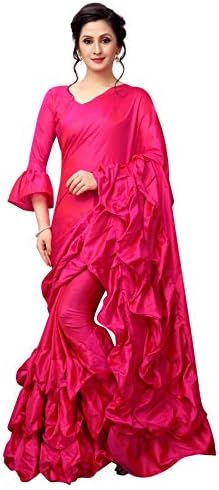 Clickedia Women's Paper silk Satin Ruffle Saree with Heavy ruffle and unstitched blouse piece