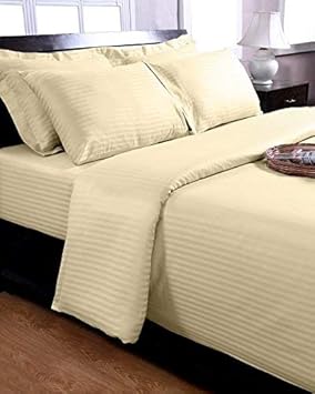MAFATLAL Pastel_ Yellow Satin Stripes Cotton Bed Sheet King Size with 2 Pillow Covers - King Size (Cream Color)