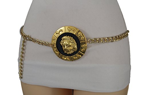 TFJ Women Fashion Belt Metal Chain Hip High Waist Lion Buckle Plus M L XL Gold