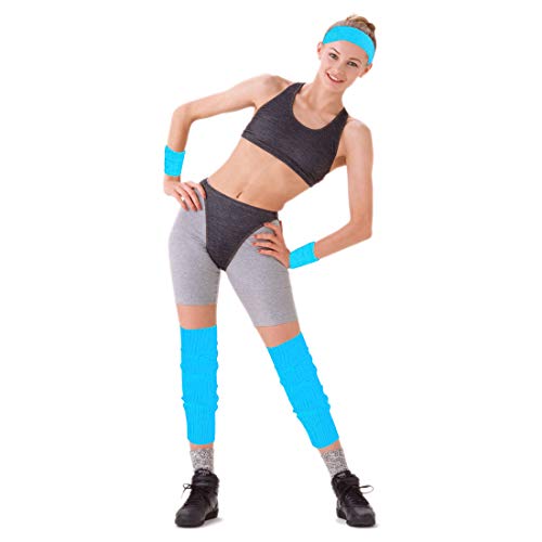 Women's 80s Costumes Accessories Neon Headband Wristband Leg Warmers Set for 1980s Theme Party Supplies(Neon Blue)