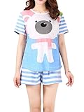 VENTELAN Women's Cute Bear Print Pajama Sets Round Neck Stripes Short Sleepwear