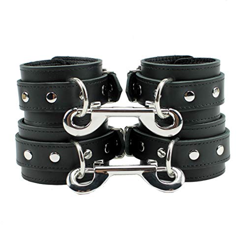 Aurora Wrist Ankle Cuffs Combo Gentle Latigo Leather Handcuffs Leg Cuffs (Black)