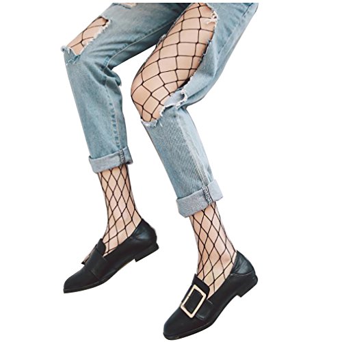 YeeSure Sexy Fishnet Bodystockings PJ03 Punk Retro Style Hollow Out Net Pantyhose Tights with High Waist (Free Size, Big Mesh)