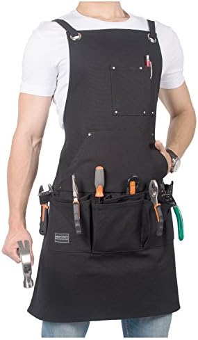 Waxed Canvas Tool Apron-Heavy Duty Work Shop Apron with 12 Pockets, Cross-back Straps - Adjustable Size M to XXL for Men &amp; Women -Stylish for Professional Woodwoking, Carpenter, Blacksmith,Machinist
