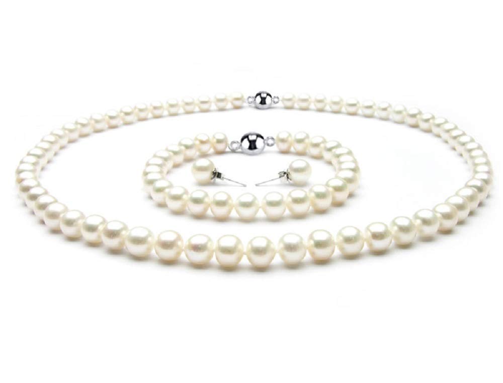 Treasure Bay 7-8mm Natural White Freshwater Pearl Necklace Bracelet and Earrings Set (18 IN)
