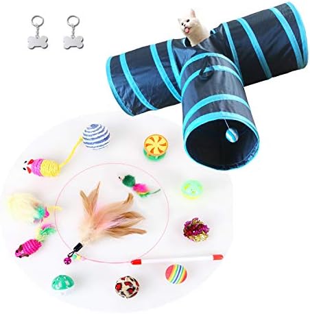 ETPET 16 Cat Toys Kitten Toys Assortments, 3 Way Tunnel, Cat Feather Teaser - Wand Interactive Feather Toy Fluffy Mouse Crinkle Balls Pet ID Tag for Cat, Puppy, Kitty, Kitten …