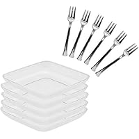 40 2.5" Mini Square Dessert Plates And 50 4" Mini Silver Tasting Forks. 90 Piece Tasting Sampling Dessert Appetizer Set. Disp