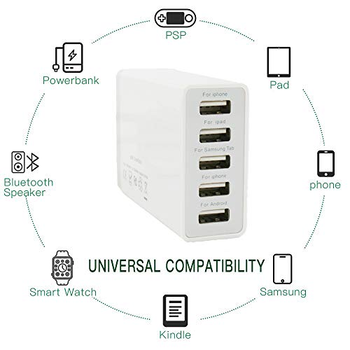 USB Charger 5-Port Desktop USB Charging Station with Multiple Port, 40W 8A Desktop USB Charging Station for Multiple Devices, Black Portable 5 Port USB Wall Charger for Cellphone, Tablet, Android Phon