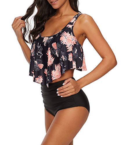 Durio-Bikini-High-Waist-Damen-Zweiteiliger-Bikini-Set-Hohe-Taille-Bikinihose-mit-Langem-Volant