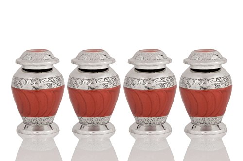 Enshrined Memorials Cremation Urn for Ashes - Apollo Series Affordable Solid Brass Metal Quality Handcrafted for Human Funeral Burial Small Mini Keepsake Set of 4, Red Polish