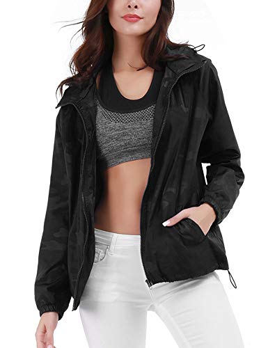 FISOUL Women's Lightweight Jacket Packable Running Windbreaker Active Outdoor Hooded Waterproof Raincoat S-XXL(Black,X-Large)