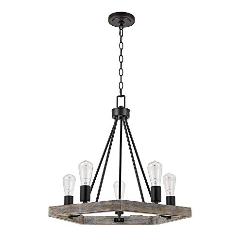 Catalina Lighting 22164-000 Country Rustic Geometric 5-Light Metal Cage Chandelier with Faux Wood Trim, 21", Black