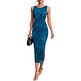 oten Women's Sleeveless Mesh Floral Summer 2025 Ruched Bodycon Slit Wedding Guest Cocktail Party Midi Dress