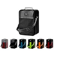 Large Wig Travel Box with Top Handle, Shoulder Strap and Double Zipper, Carrying Case with Removable Head-Holding Base - Black Grid Design - by Adolfo Design